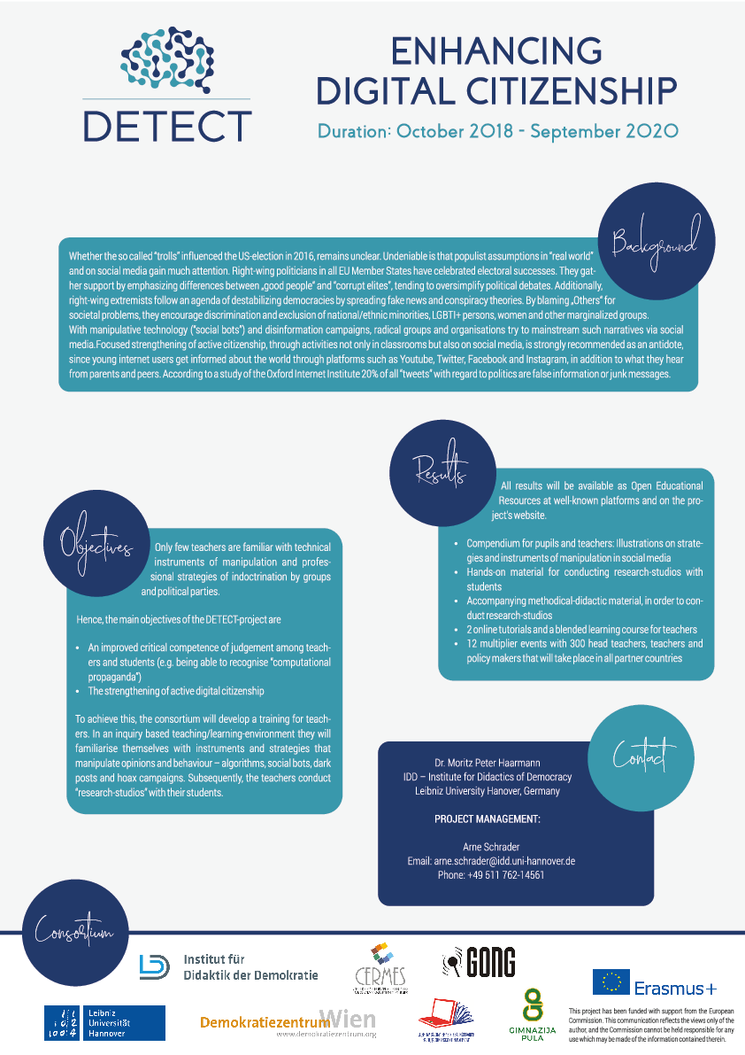 Hier finden Sie unser DETECT-Poster mit allen wesentlichen Informationen zu unseren Projektzielen und Inhalten. Dieses wird demnächst auch in weiteren Sprachen (Deutsch, Kroatisch, Bulgarisch) erhältlich sein.